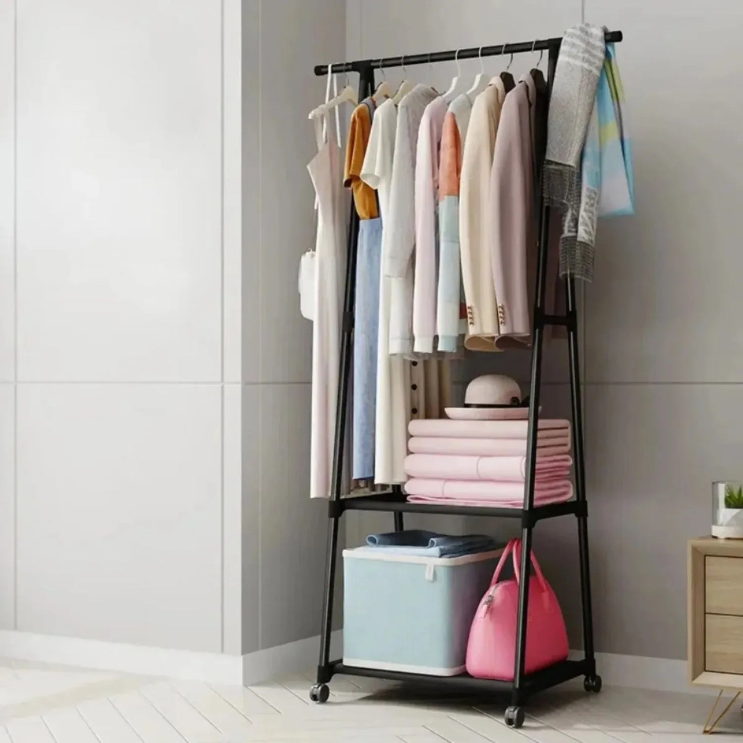 Clothes Hanging Stand - Clothing Racks - Corner Rack - Cloth Hanging Stand - Clothes Hanging Stand for Room - Cloth Stand - Clothes Hanging Stand for Bedroom - Corner Cloth Rack with 3 Layers Storage Shelves & Double Hooks