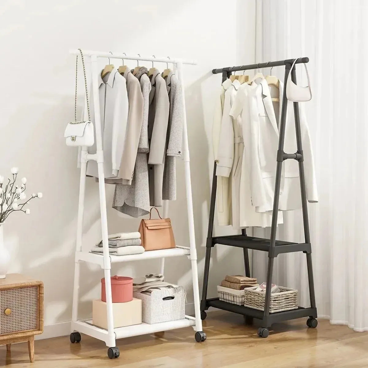 Clothes Hanging Stand - Clothing Racks - Corner Rack - Cloth Hanging Stand - Clothes Hanging Stand for Room - Cloth Stand - Clothes Hanging Stand for Bedroom - Corner Cloth Rack with 3 Layers Storage Shelves & Double Hooks
