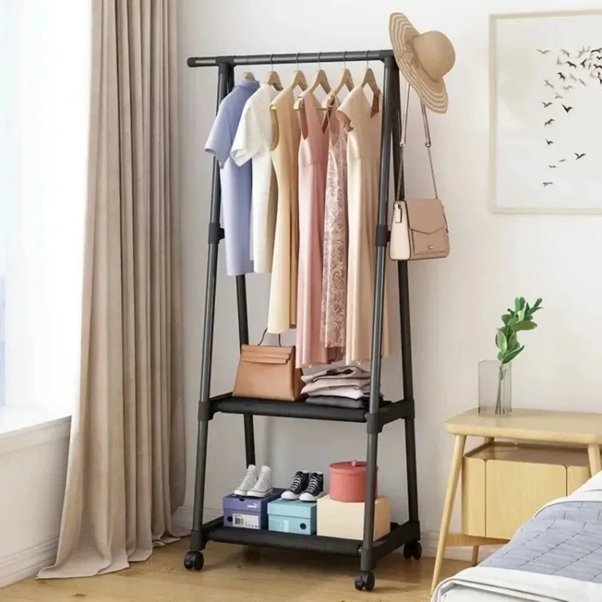 Clothes Hanging Stand - Clothing Racks - Corner Rack - Cloth Hanging Stand - Clothes Hanging Stand for Room - Cloth Stand - Clothes Hanging Stand for Bedroom - Corner Cloth Rack with 3 Layers Storage Shelves & Double Hooks