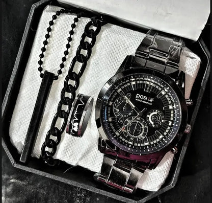 business steel straps round dial wrist watches hand watch-silver watch- men watches-watch for boys-watch for men-watch for kids-watch for young's-watch for boys + Bracelet + With Chain+Ring -High Quality In Random Dial watch stylish-branded-watch